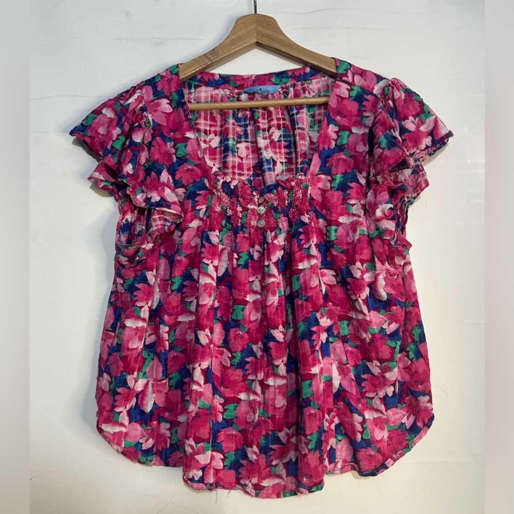Draper James RSVP Hot Pink Floral Flutter Sleeve Square Neck Blouse XXL